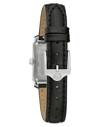 Angle shot of Bulova 96L330 Mother Of Pearl Dial Black Leather Womens Watch on white background