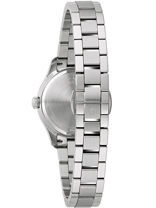 Angle shot of Bulova Wilton 96M163 Blue Dial Silver Stainless Steel Womens Watch on white background