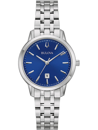 Front view of Bulova Sutton 96M166 Blue Dial Silver Stainless Steel Womens Watch on white background