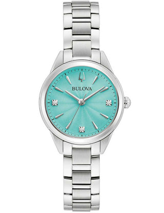 Front view of Bulova 96P253 Silver Stainless Steel Womens Watch on white background