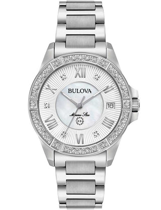 Front view of Bulova Marine Star 96R232 Mother Of Pearl Dial Silver Stainless Steel Womens Watch on white background