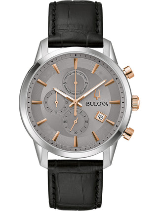 Front view of Bulova Sutton Chrono 98B409 Grey Dial Black Leather Unisex Watch on white background