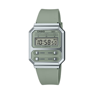 Front view of Casio Retro Vintage A100WEF-3AEF Green Rubber Unisex Watch on white background