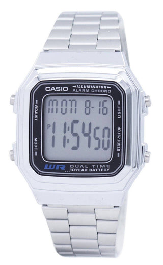 Front view of Casio Illuminator 10 Year Battery Dual Time A178WA-1ADF Steel Stainless Steel Mens Watch on white background