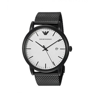 Front view of Emporio Armani Luigi AR11046 White Dial Black Stainless Steel Mens Watch on white background