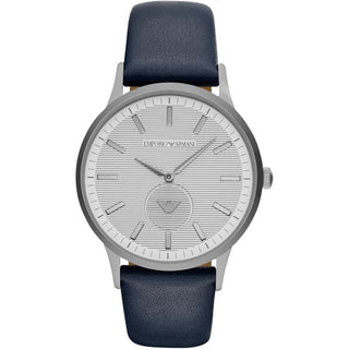 Front view of Emporio Armani Renato AR11119 White Dial Blue Leather Mens Watch on white background