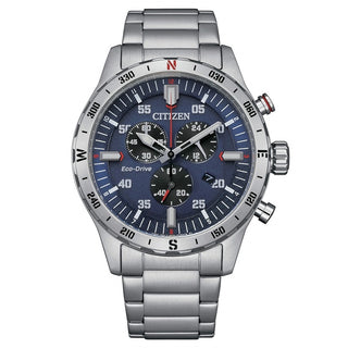 Front view of Citizen Eco-Drive Chronograph AT2520-89L Blue Dial Grey Stainless Steel Mens Watch on white background