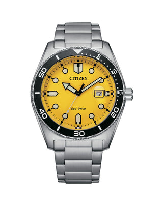 Front view of Citizen Of Collection Marine Eco Drive Yellow AW1760-81Z Mens Watch on white background