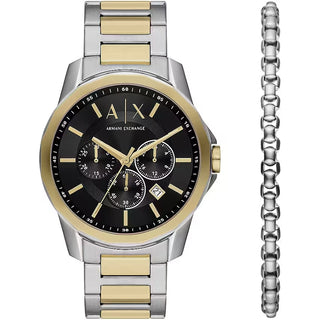 Front view of Armani Exchange Banks Special Pack + Bracelet Chronograph AX7148SET Mens Watch on white background