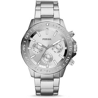 Front view of Fossil Bannon Multifunction Chronograph BQ2490 Silver Mens Watch on white background