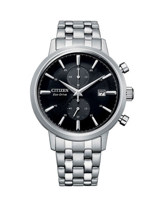 Front view of Citizen Eco-Drive Chronograph CA7060-88E Black Dial Steel Stainless Steel Mens Watch on white background