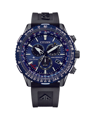 Front view of Citizen Chronograph CB5006-02L Blue Dial Black Silicone Unisex Watch on white background