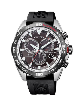 Front view of Citizen Promaster Chronograph CB5036-10X Black Rubber Mens Watch on white background