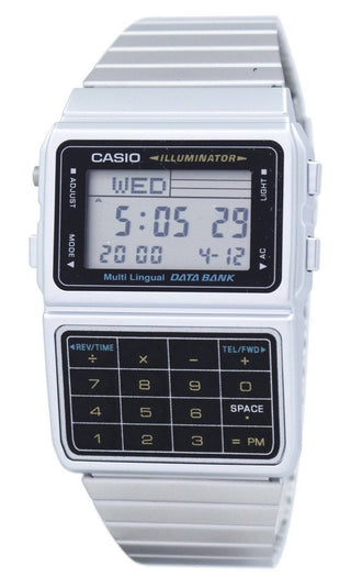 Front view of Casio Databank Calculator Steel Matt Case DBC-611-1DF Steel Stainless Steel Mens Watch on white background