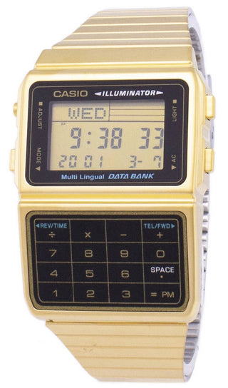 Front view of Casio Databank Calculator Gold DBC-611G-1DF Mens Watch on white background