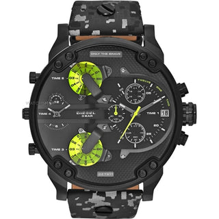 Front view of Diesel Big Daddy Chronograph DZ7311 Black & Green Dial Black Leather Mens Watch on white background