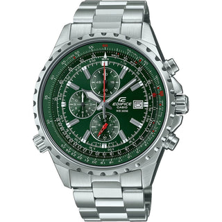 Front view of Casio Edifice Chronograph EF-527D-3AVUEF Green Dial Grey Stainless Steel Mens Watch on white background