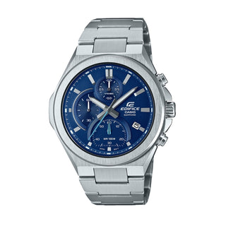 Front view of Casio Edifice Chronograph EFB-700D-2AVUEF Blue Dial Grey Stainless Steel Mens Watch on white background