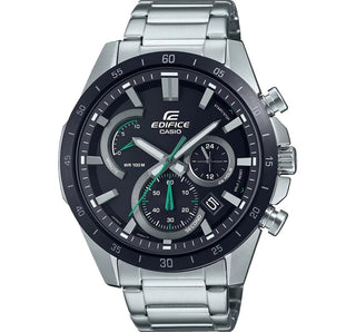 Front view of Casio Edifice Chronograph EFR-573DB-1AVUEF Black Dial Grey Stainless Steel Mens Watch on white background