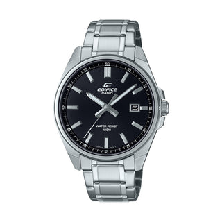 Front view of Casio Edifice EFV-150D-1AVUEF Black Dial Grey Stainless Steel Mens Watch on white background