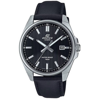 Front view of Casio Edifice EFV-150L-1AVUEF Black Stainless Steel Mens Watch on white background