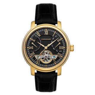 Front view of Thomas Earnshaw Medallion Gold ES-8169-05 Black Leather Mens Watch on white background