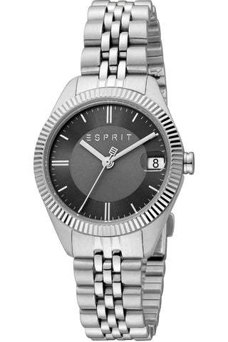 Front view of Esprit Madison ES1L340M0055 Black Dial Grey Stainless Steel Womens Watch on white background