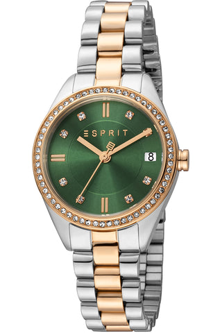 Front view of Esprit Alia ES1L341M0125 Green Dial Rose Gold Stainless Steel Womens Watch on white background