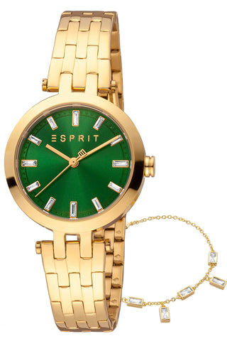 Front view of Esprit Brooklyn ES1L342M0085 Green Dial Gold Stainless Steel Womens Watch on white background