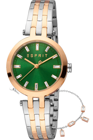 Front view of Esprit Brooklyn ES1L342M0115 Green Dial Rose Gold Stainless Steel Womens Watch on white background