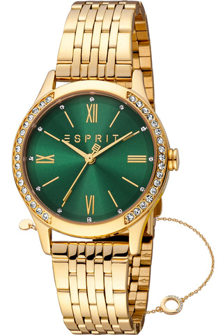 Front view of Esprit Anny ES1L345M0075 Green Dial Gold Stainless Steel Womens Watch on white background