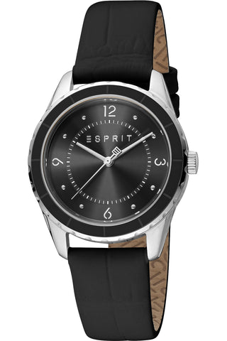 Front view of Esprit Skyler ES1L348L0025 Black Leather Womens Watch on white background