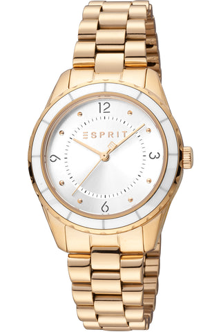 Front view of Esprit Skyler ES1L348M0065 Grey Dial Rose Gold Stainless Steel Womens Watch on white background