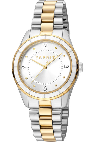 Front view of Esprit Skyler ES1L348M0085 Grey Dial Gold Stainless Steel Womens Watch on white background