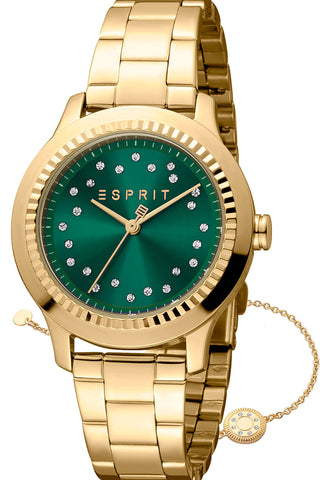 Front view of Esprit Joyce ES1L351M0095 Green Dial Gold Stainless Steel Womens Watch on white background