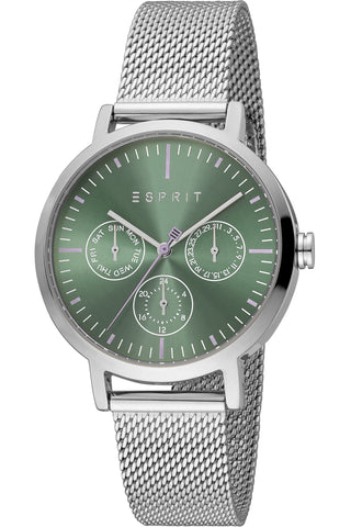 Front view of Esprit Beth ES1L364M0055 Green Dial Grey Stainless Steel Womens Watch on white background