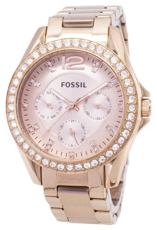 Front view of Fossil Riley Multifunction ES2811 Gold Dial Rose Gold Stainless Steel Womens Watch on white background