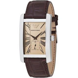 Front view of Emporio Armani Classic AR0155 Beige Dial Brown Leather Womens Watch on white background