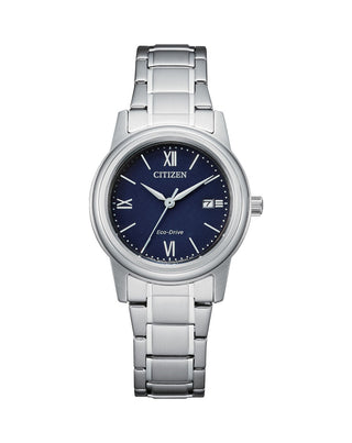 Front view of Citizen Eco-Drive FE1220-89L Blue Dial Steel Stainless Steel Womens Watch on white background