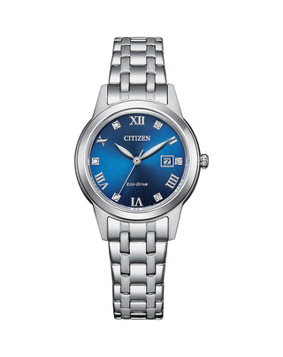 Front view of Citizen FE1240-81L Blue Dial Silver Stainless Steel Womens Watch on white background