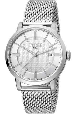 Front view of Ferre Milano FM1G156M0041 Grey Stainless Steel Mens Watch on white background