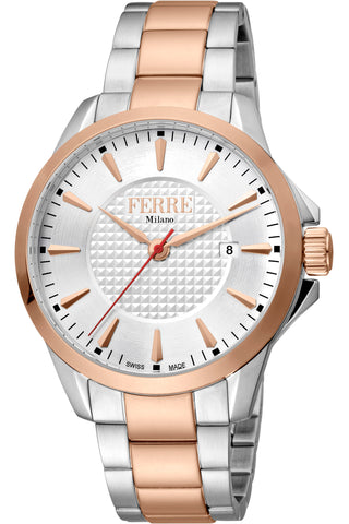 Front view of Ferre Milano FM1G157M0071 Grey Dial Rose Gold Stainless Steel Mens Watch on white background