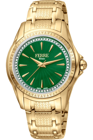 Front view of Ferre Milano FM1L119M0061 Green Dial Gold Stainless Steel Womens Watch on white background