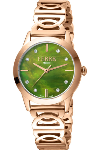 Front view of Ferre Milano FM1L126M0251 Green Dial Rose Gold Stainless Steel Womens Watch on white background