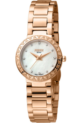 Front view of Ferre Milano FM1L132M0081 Mother Of Pearl Dial Rose Gold Stainless Steel Womens Watch on white background