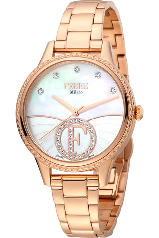 Front view of Ferre Milano FM1L167M0091 Mother Of Pearl Dial Rose Gold Stainless Steel Womens Watch on white background