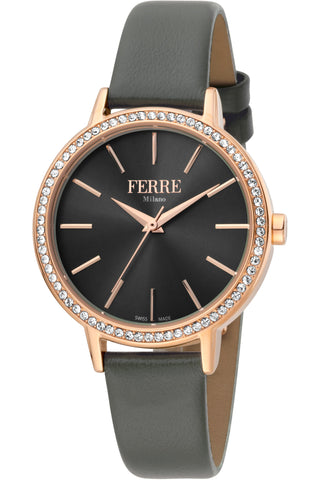 Front view of Ferre Milano FM1L173L0041 Black Dial Grey Leather Womens Watch on white background