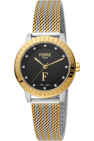 Front view of Ferre Milano FM1L174M0081 Black Dial Gold Stainless Steel Womens Watch on white background