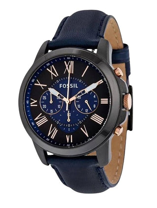 Front view of Fossil Grant Chronograph FS5061 Blue Leather Mens Watch on white background