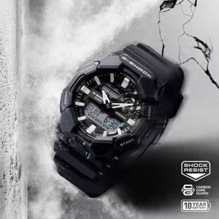 Angle shot of Casio New Rugged Basic Analog-Digital A With 10-Year Battery GA-010-1AER Mens Watch on white background